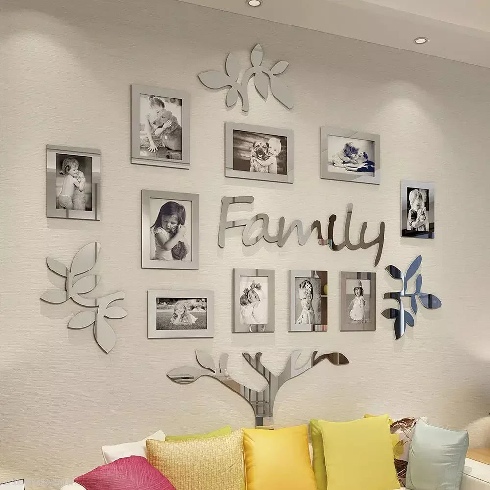 Family Tree Wall Decor Acrylic 3D DIY Mirror Sticker Photo Frame Collage Home Decor Living Room Bedroom Dining Room Office